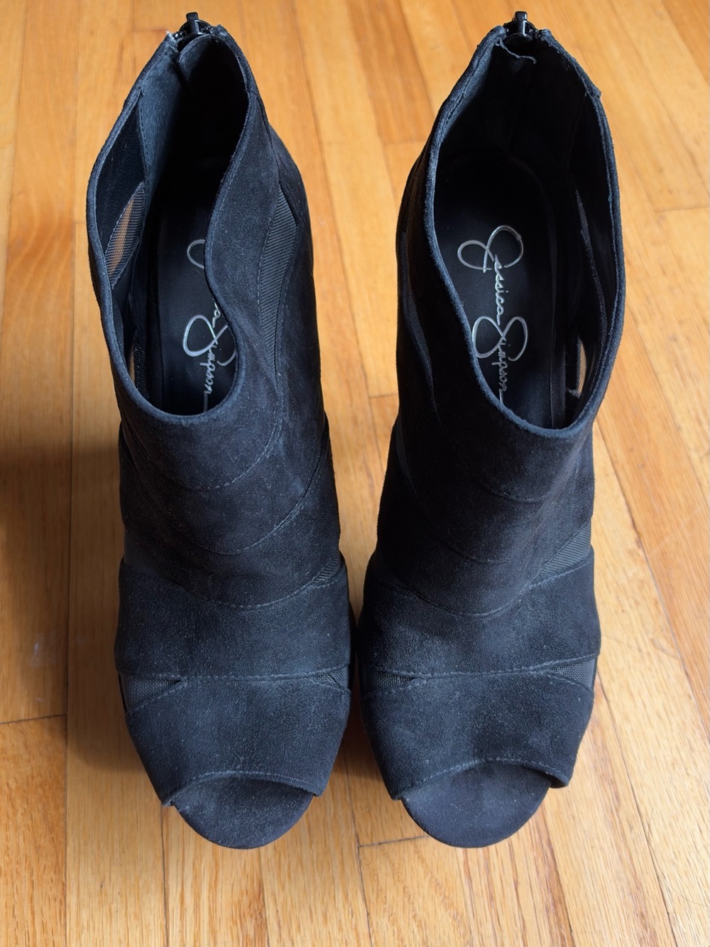 Jessica Simpson Jassie Black Suede Mesh Peep Toe Stiletto Booties Sz 10